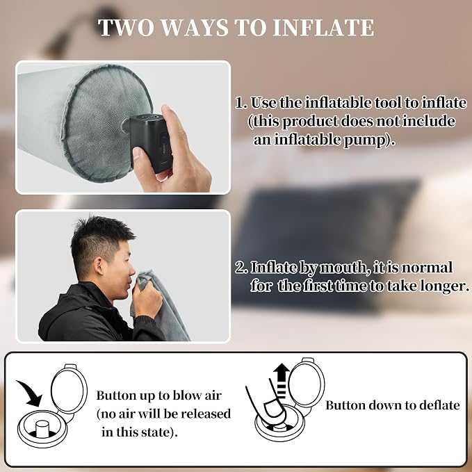 ONTYZZ Inflatable Long Body Pillow, Long Pillow for Bed, Oval Bolster Pillow for Good Sleeping and Back/Neck Support, 2pcs Grey
