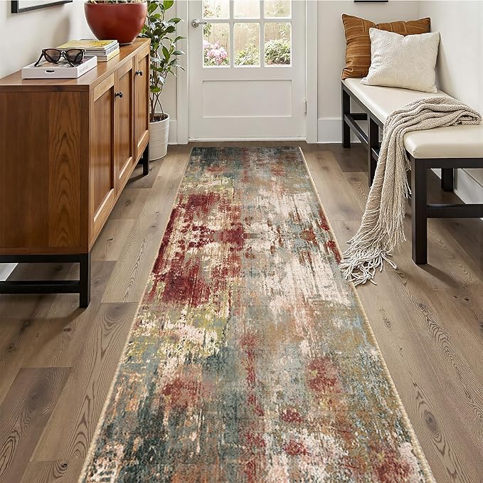 RELEANY Washable Runner 2'x10' Abstract Area Rug for Hallway Rustic Brown | carpet for kitchen, entryway, bathroom, living room, bedroom, printed pattern, non-slip, soft, stain-resistant, easy to clean