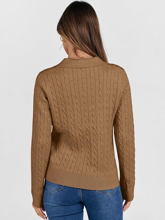 ANRABESS Womens Cable Knit Sweaters Long Sleeve V Neck | Pullover Collared Sweater Tops, Polo Knit Shirts, Business Casual Work, Tennis Golf, Fall Winter Fashion Outfits