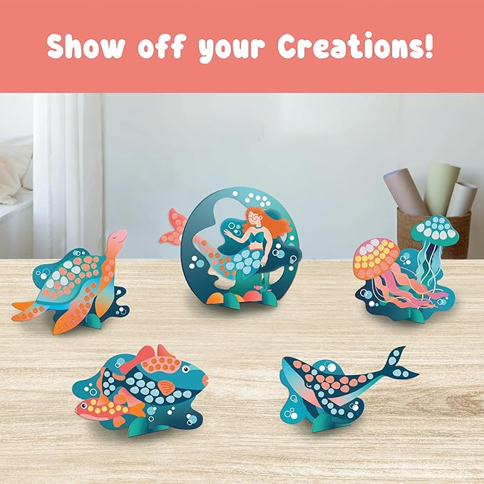 BINCA Foam Sticker Mosaic Art Activity, 750+ 3D Glitter Foam Stickers, 5 Underwater Animals with Display Arch, DIY Mess-Free Activities, Felt Craft Kits & Gifts for Boys & Girls Ages 5,6,7,8