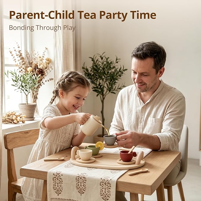 Youuys Wooden Tea Party Set for Toddler 3-5,Kids Tea Sets for Little Girls 4-6, 14pcs Silicone Kitchen Accessories, Pretend Play Montessori Toys with Tray for 3 4 5 6 Year Old Birthday