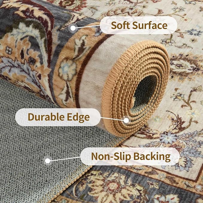 8x10 Ft Extra Large Washable Area Rugs for Living Room, Thin Floral Vintage Print Rug Non Slip Carpet for Bedroom Dining Room Kidsroom Home Decor (Beige Yellow)