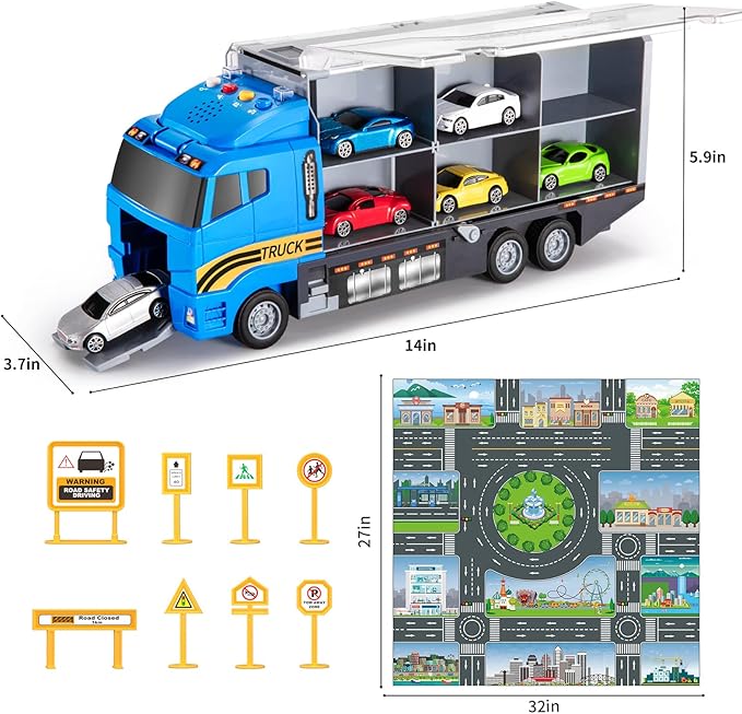 Toddler Toys for 3-9 Years Old Boys Race Model Car Double Side Transport Vehicle W/Play Mat, Die-cast Alloy Metal Car Toy Set Gifts for Age 3 4 5 6 Kids Child Boys Girls Birthday Party Favor