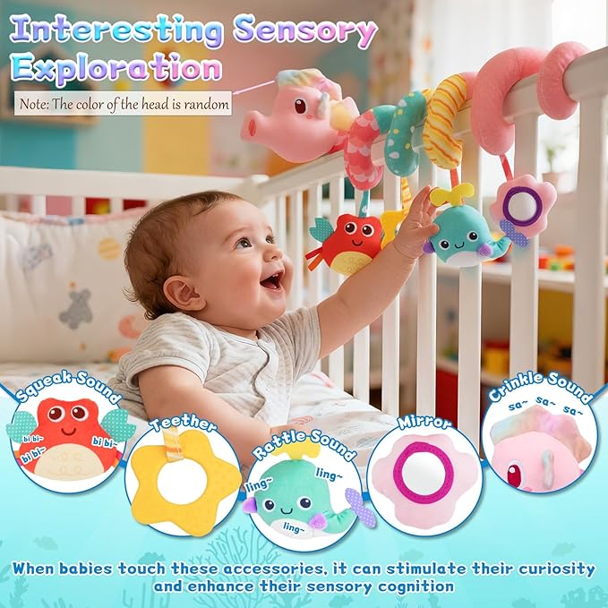 Car Seat Toys for Baby Toys 0-6 Months, Hanging Crib Stroller Toys with Rattle, Mirror, Crinkle, Squeaky Spiral Baby Activity Carseat Sensory Toys for Newborn Infants Girls Birthday Gifts