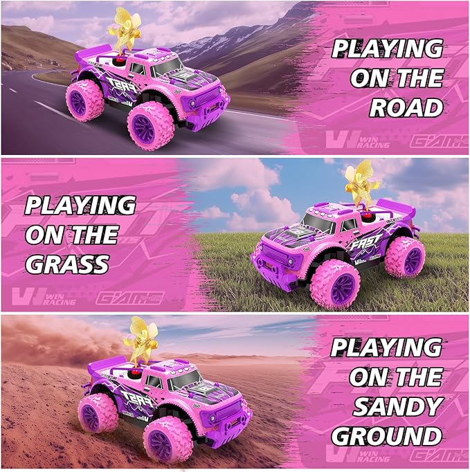 iDrone Remote Control Car for Girls: 1:20 Scale Pink Purple Rc Truck with LED Light and DIY Windmills - 20Km/h All Terrain Fast RC Cars, 2.4GHz Monster Truck Toys for Kids Gift
