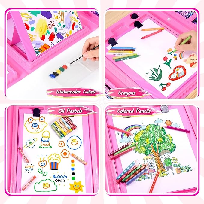Art Supplies, Art Kits Arts and Crafts for Kids Age 4-6 6-8 8-12 with Trifold Easel,Includes Sketch Pads,Oil Pastels,Crayons,Colored Pencils,Drawing Set for 3-12 Year Olds Girls Boys (Unicon-Pink)