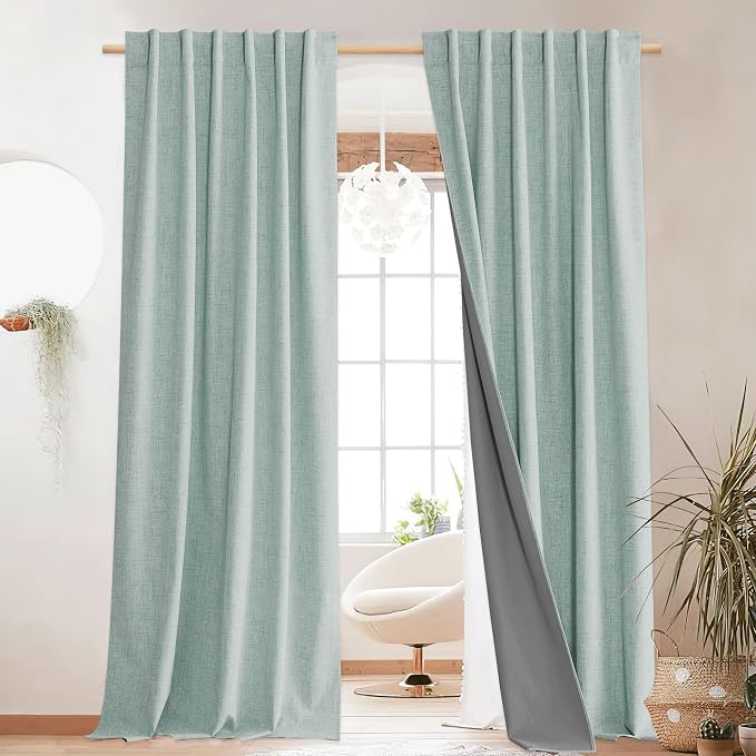 NICETOWN 100% Blackout Seafoam Green Linen Curtains 90" Length with Thermal Insulated Liners, Farmhouse Style Room Cooling Small Window Draperies for Dining Room (2 Panels, 52" W)