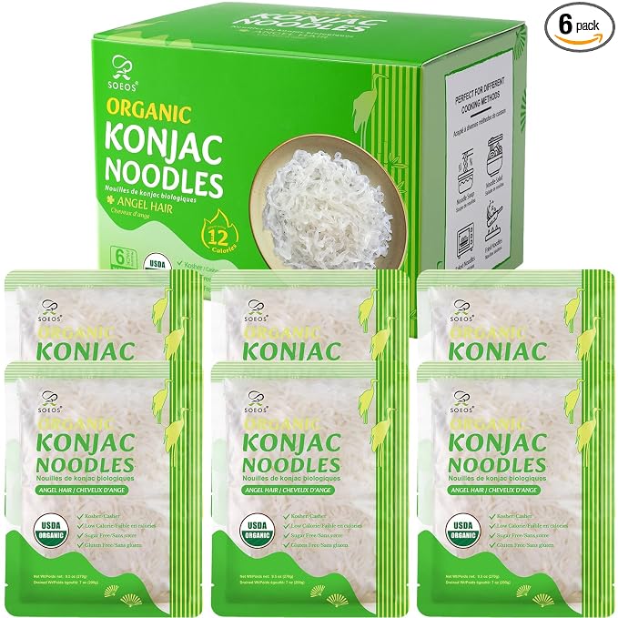 Soeos Organic Konjac Noodles, Angel Hair Pasta, 9.5 oz (270g)*6 Pack, Low Calorie, Low Carb, Keto and Paleo Friendly Shirataki Noodle, Gluten-Free, Fat Free, Sugar Free, Vegan