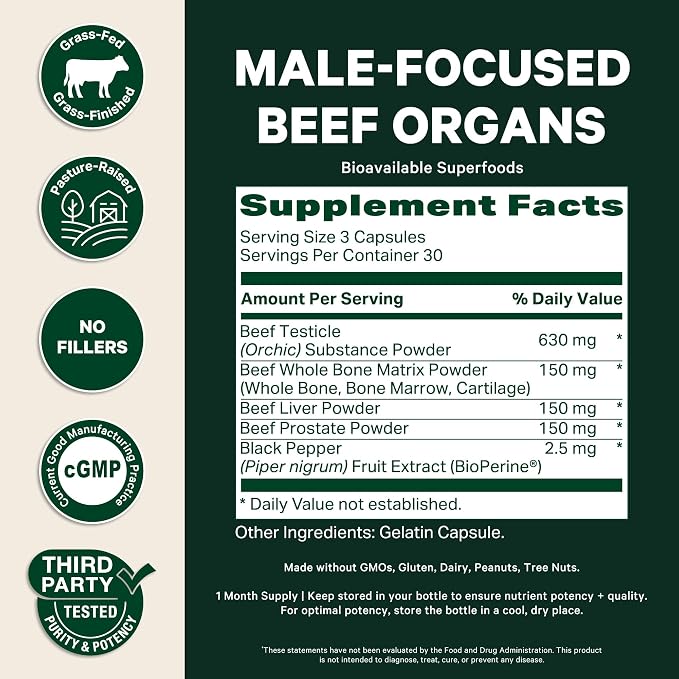 Pink Stork Men's Beef Organ Complex | Grass-Fed, Grass-Finished Beef Liver, Testicle, Prostate + Bone Marrow | Supports Energy, Vitality + Men's Health | Bioavailable Superfoods | 30 Servings