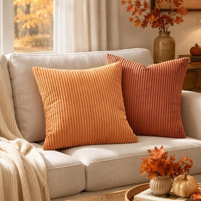 MIULEE Fall Euro Corduroy Throw Pillow Covers Set of 2 24x24 Rust | Soft Striped Textured Cushion Cases, Boho Rustic Square Pillowcases for Home Decor, for Couch Chair Sofa Bed Living Room