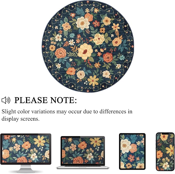 DUKINO 4ft Round Rug, Floral Washable Small Round Area Rug, Navy Blue | Non Slip, Low Pile, Soft Indoor Rug for Kitchen, Bedroom, Living Room, Nursery, Pet Friendly, Home Decor, Stain Resistant