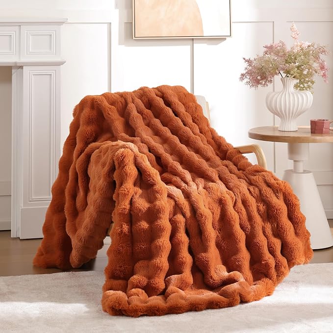 Faux Fur Fall Throw for Couch - Burnt Orange Bubble Blanket 50"x60" | Fluffy Plush Fuzzy Throw for Sofa & Bed, Super Soft Cozy Comfrt Blanket, Luxury Aesthetic Burnt Orange Decor Gift for Women