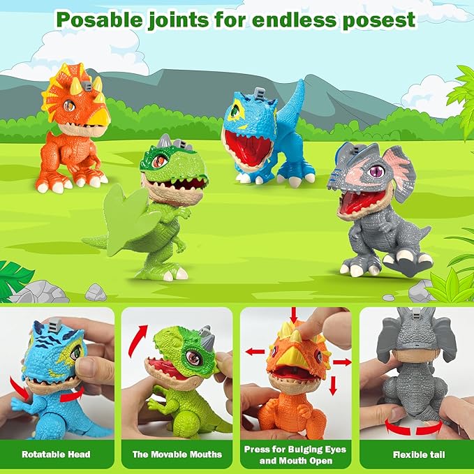 Birthday Toys Gifts for 3 4 5 6 8 Year Old Toddler Boys Girls – 4 Pack Dinosaur Action Figures with Movable Joints & Realistic Textured Skin, Educational STEM Fine Motor Skill Toys for Kids Age 3+