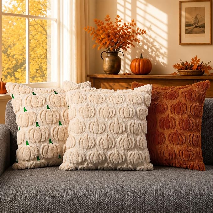 DFXSZ Fall Pillow Covers 16x16 2Pcs Beige Pumpkin Fall Decorations for Home | Fall decor Set of 2 Throw Pillow Cases Soft Plush Faux Fur Wool Couch Cushion for Chair Sofa Bedroom Living Room Home Decor