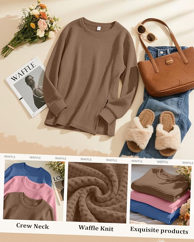 3 Pack Women's Maternity Shirts Long Sleeve Waffle Knit Side Split Oversized Tops Pregnancy Clothes Fall Tees