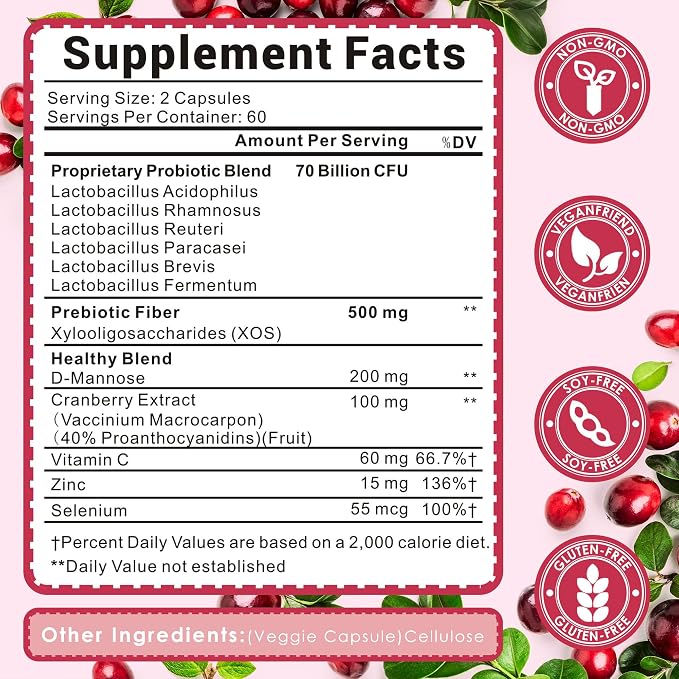 Vaginal Probiotics for Women, 70 Billion CFU for Vaginal Health, pH Balance, Urinary Tract, Digestive with Prebiotics, Organic Cranberry & D-Mannose for Vaginal Odor & Flora Supplements - 60 Capsules