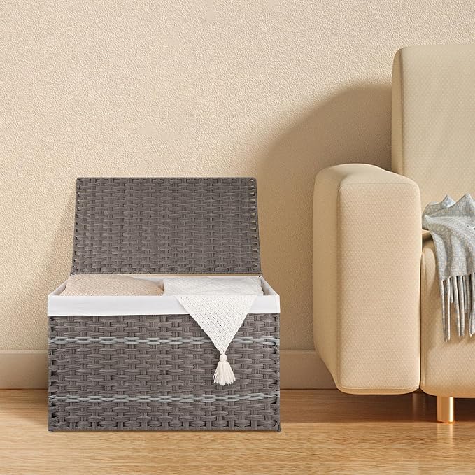 OIAHOMY Storage Basket with Lid, 42.3 Gallon (160L) Blanket Basket with Removable Liner Bag, Synthetic Wicker Hamper with Handle, Foldable, Hamper for Living Room, Grey