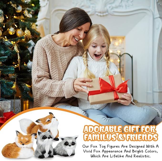 4 Pcs Simulation Fur Toy Christmas Decor Mini Fox Animal Model Stuffed Cute Furs Plush Raccoon Fox Squatting Sleeping Animals World with Static Action Figures for Home Office Desktop Decoration