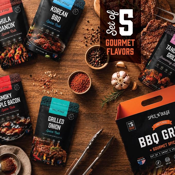 BBQ Grilling Rubs & Grill Seasonings Gift Set, 5 Gourmet Smoking Spice Rub Packs & Smoker Accessories, Spices Kit, Grilling Gifts For Men, Him, Dad, Husband, Gluten-Free, Kosher, Fathers Day Gift For Dad