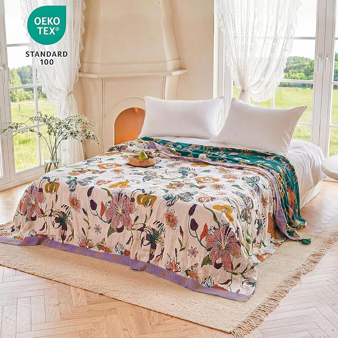 MSGKV Boho Throw Blanket 90"x90" Summer Cotton Floral Queen Size Blanket | Floral Pattern, Queen Size Blanket, Muslin Throw, Reversible Woven, Farmhouse Style, Lightweight Comfort, Machine Washable