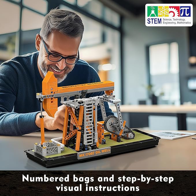 Mould King 17087 Engineering Oilfield Model Building Sets, Nodding Donkey Pumpjack Oil Derrick Model Kit That Work, with Battery and Motor, Home Decor Desktop Decoration for Adult Teen(840 Pieces)