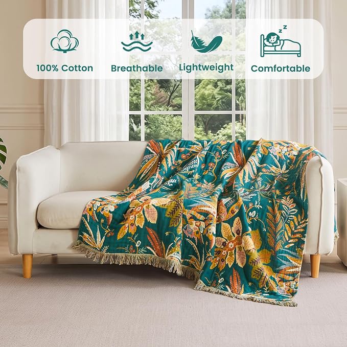 MSGKV Boho Throw Blanket 50"x60" Summer Cotton Leopard Animals Blanket | Muslin Throw, Leopard Animal Pattern, Reversible Woven, Lightweight Comfort, Farmhouse Decor, All Seasons, Machine Washable