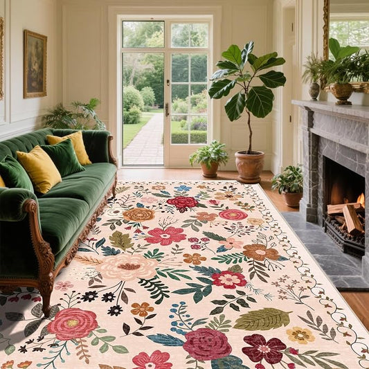 6x9 Area Rugs for Living Room Clearance Washable Boho Area Rug, Vintage Floral Non Slip Low Pile Large Rug for Living Room, Bedroom, Dining Room, Farmhouse (6 x 9 Beige Red)