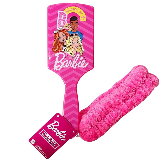 LUV HER Barbie Kids Hair Brush & Spa Headband Set for Girls - Fun Grooming Kit for Detangling, Styling & Skincare - Soft & Stretchy One Size, Ages 3+