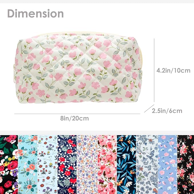 PAZIMIIK Small Quilted Makeup Bag,Zipper Cosmetic Pouch,Floral Pink | Lightweight Cosmetic Bag Organizer for Women,Purse Storage Holds Makeup,Toiletries,Skincare,Beauty Essentials,Travel Items