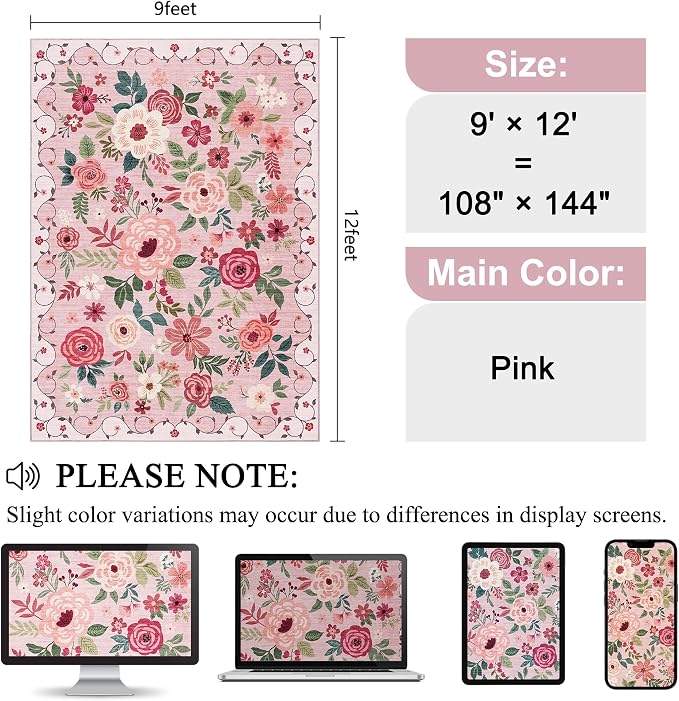 DUKINO 9x12 Area Rug for Living Room, Floral Washable Rug Non Slip, Pink | Soft, Low Pile Indoor Large Rug for Bedroom, Dining Rom, Kids Playroom, Office, Pet Friendly, Modern Home Decor, Non-Shedding