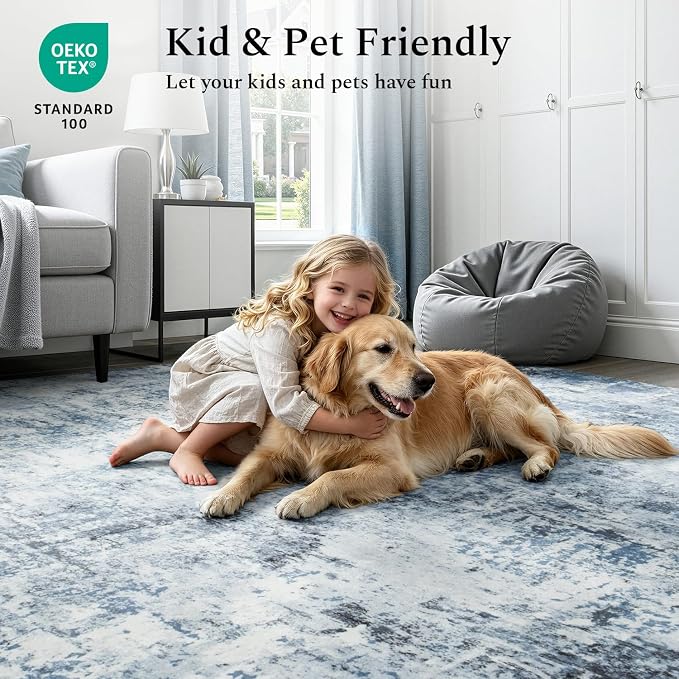 Rugflix 5x7 Area Rugs for Living Room, Washable Light Blue Grey Large Rug | Machine Washable; Stain-Resistant; Low Pile; Non-Slip; Modern Abstract; Black Carpet for Bedroom Dining Office Nursery Home
