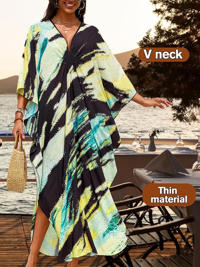 ChiaoLezhee Print Moo-Moos for Women, Kaftan Cover-Up Dresses, Sexy V-Neck High-Slit, Beach Pool-Party Coverups Muumuu Plus