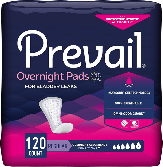 Prevail Proven - Incontinence Bladder Control Pads - Bladder Leak Pads - Overnight Absorbency, 120 Count (4 Packs of 30) | Disposable, Incontinence