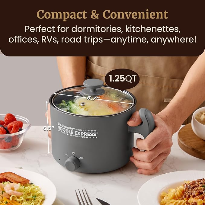 Elite Gourmet Noodle Express Electric Hot Pot, Ceralast Non-Stick, Grey | Cool-touch handle - PFAS-free ceramic coating - prepares noodles, soups & stews - glass lid - 2 heat settings, High/Low
