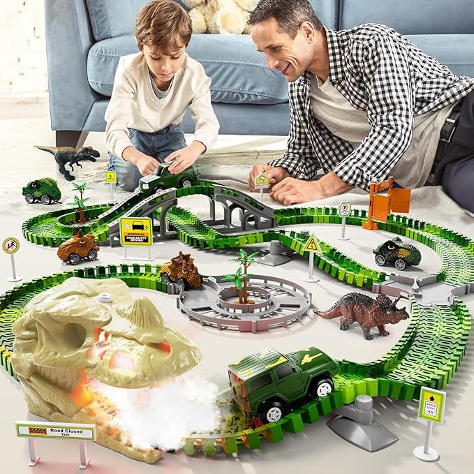 iHaHa 249 PCS Dinosaur Toys Race Car Track, Toys for Kids Toddler Boys Ages 2-4 3-5 4-6, Kids Race Tracks with Light, Sound & Spray, Birthday Dinosaur Gifts for 2 3 4 5 Year Old Boys