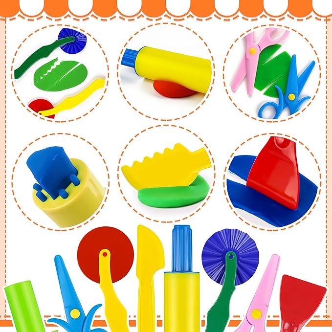 Clay and Dough Tools 12 Pcs Basic Dough Tools Set for Kids with Extruders, Rolling Pin, Cutters,Plastic Hand Scraper, Scissors