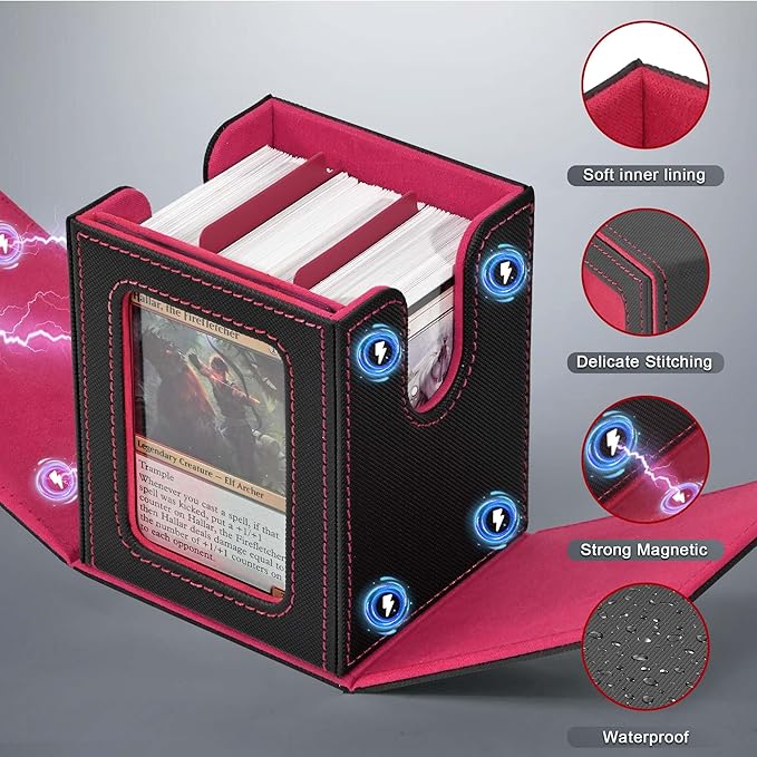 ZLCA MTG Deck Box with Commander Window Display, Trading Card Storage Box Holds 100 Double-Sleeved Cards Suitable for TCG/CCG/PTCG/EDH/Magic/Sport Cards (Black&Red)