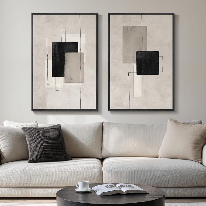 Large Framed Neutral Black Beige Abstract Wall Art Set of 2, Modern Canvas Prints Paintings Artwork for Walls, Minimalist Block Lines Pictures for Living Room Dining Room Bedroom Wall Decor 20x30 In