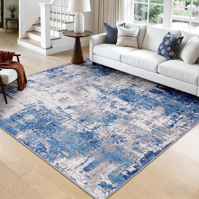 RELEANY Washable Square 8'x8' Area Rug for Living Room Blue Gray | carpet for bedroom, kitchen, office, hallway and entryway, printed pattern, non-slip, soft, stain-resistant, easy to clean