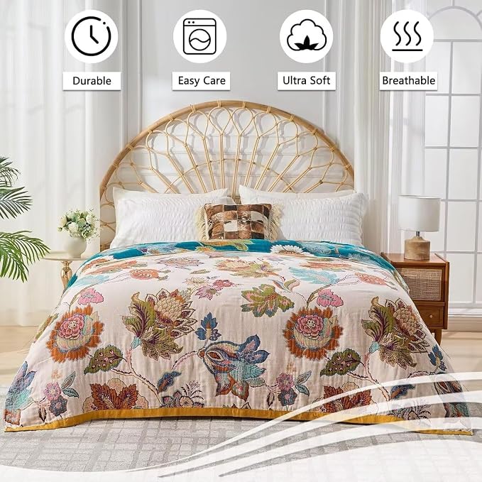 Boho Throw Blanket Farmhouse Decor Throw Blanket Bohemian Blanket for Bed 100% Cotton Muslin Woven Couch Blanket All Seasons Quilt Bedroom (B-Beige, 80"x90")