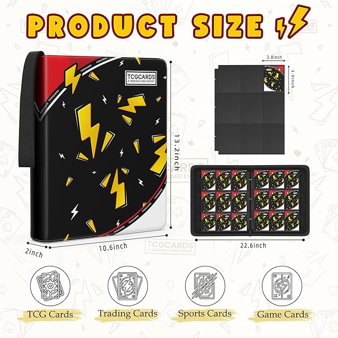 Card Binder for Pokemon Cards, 9 Pocket Trading Card Binder Holds 900 Cards with 50 Removable Sleeves, 3 Ring Zipper Card Holder Album Book Case for TCG, MTG, Sports Cards Collection, Boys Girls