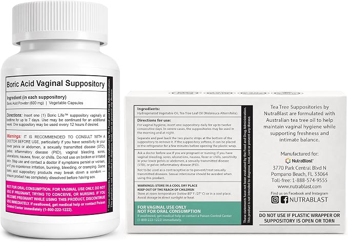 NutraBlast Boric Acid Suppositories 600mg (30 Count) Bundle with Tea Tree Oil Suppositories (12 Count) | All Natural Intimate Deodorant for Women | Restore Feminine pH Balance