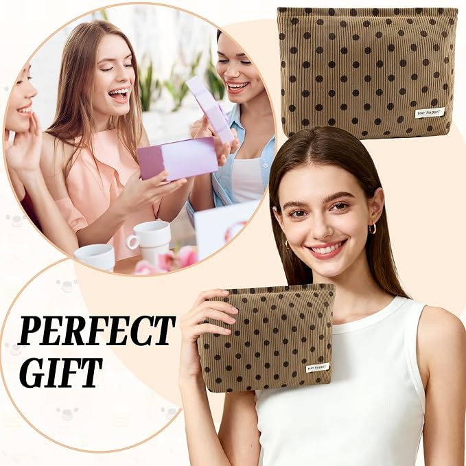 ZLFSRQ Corduroy Makeup Bag for Women Girls Cute Polka Dot Cosmetic Bag for Purse Large Capacity Trendy Zipper Makeup Pouch Toiletry Pouch Aesthetic Skincare Make Up Essentials Organizer Bags (Brown)