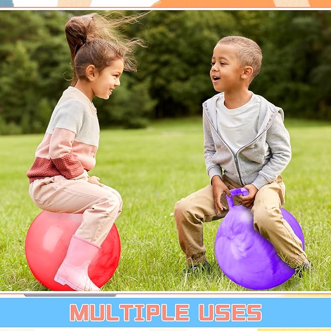 Poen 3 Pcs 18 Inch Hopper Inflatable Bouncy Ball with Handle Hippity Hop PVC Jumping Hopping Ball with 1 Air Pump for Kids Toddler Boys Girls Gifts Games(Red Blue Purple)
