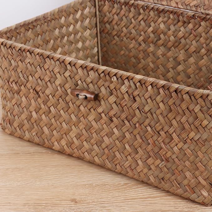 FEIALNDUO Wicker Shelf Baskets with Lid,Seagrass Storage Basket Bins Rectangular Handwoven Basket Boxes for Shelves Desktop Home Organizer (Coffee, Large)