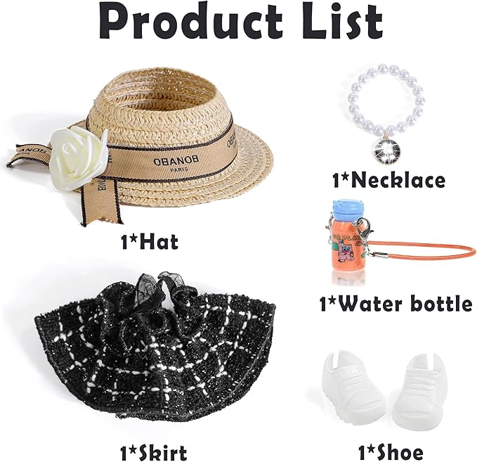Chic Style 17cm Doll Clothes Accessories Set Include: 1 Dress, 1 Hat, 1 Necklace, 1 Water Bottle and 1 Shoes for Dress up Your Dolls (Doll Not Included), Black #1