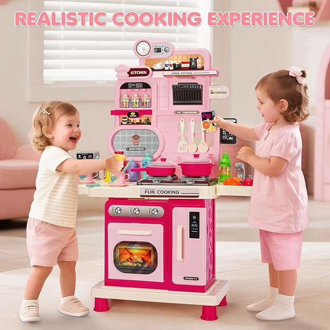 Kids Kitchen Playset, Toddler Play Kitchen Set Toys with Sound & Light, Cooking Stove, Play Sink, Play Food Kitchen Accessories, Pretend Kitchen Toy for Kids Toddlers Girls Ages (Pink)