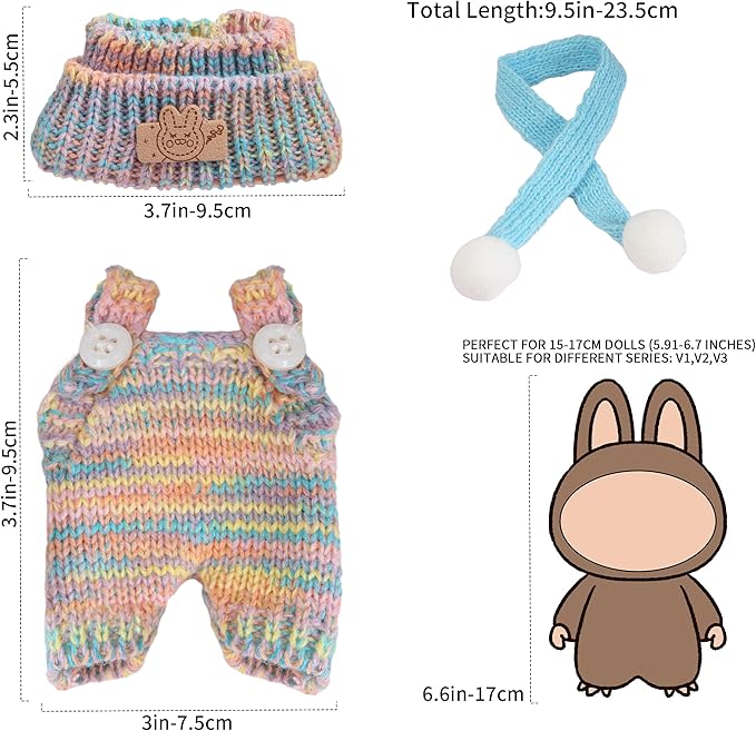 17cm Doll Clothes - 10PCS Cute Dolls Clothes and Shoes,Hat, 6.7 Inches Woolen Crochet Suit,Strap Jumpsuit, with Scarf Glasses - Adorable Pink Blue Dolls Accessories (NoDoll)
