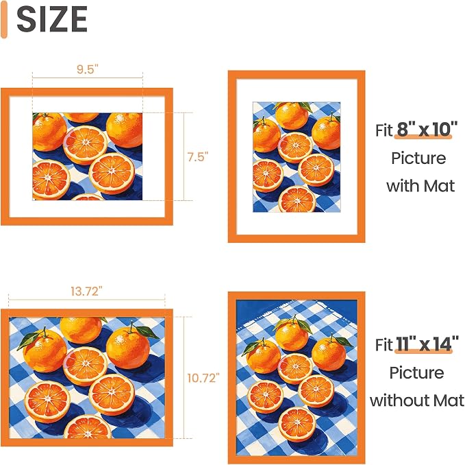 upsimples 11x14 Picture Frame, Display Pictures 8x10 with Mat or 11 x 14 Without Mat, Wall Hanging Photo Frame, Orange, 1 Pack