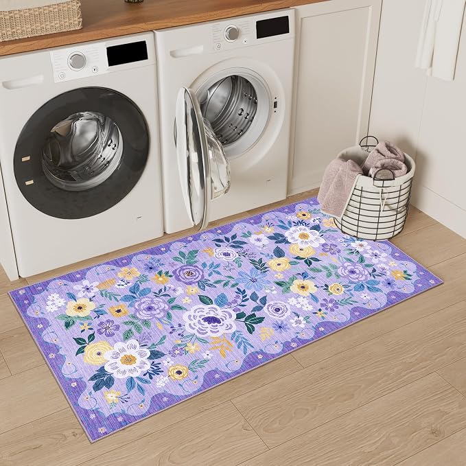 DUKINO 2x4 Entryway Rug, Floral Washable Kitchen Rugs Non Slip, Purple | Low Pile, Soft Indoor Runner Rug for Hallway, Bedroom, Bathroom, Laundry, Pet Friendly, Modern Home Decor, Stain Resistant